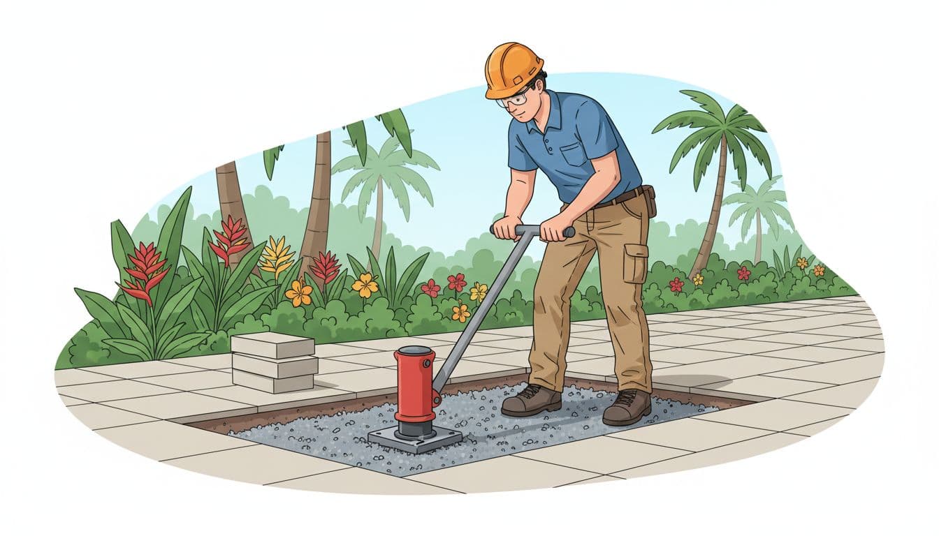 Brick paver repair base compaction in a prepared paver repair zone.