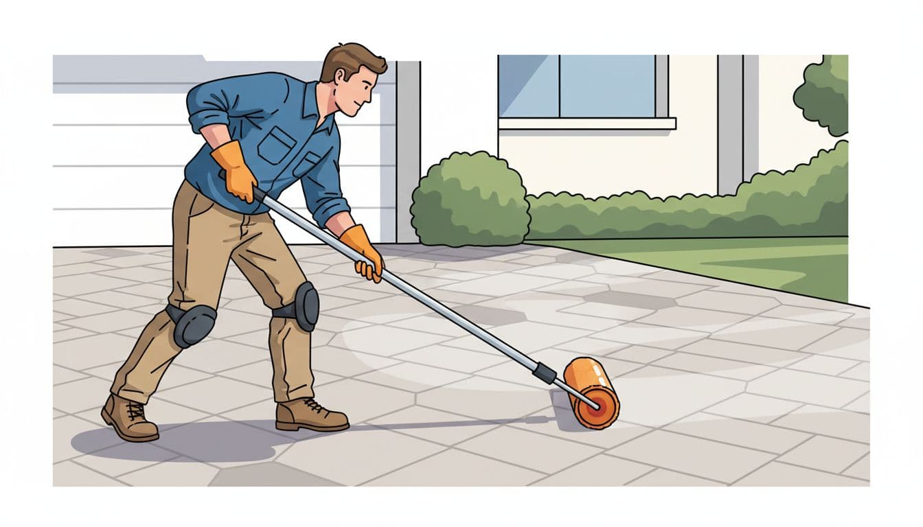 A worker uses a wide paint roller to apply a clear sealant to a gray stone driveway. The clean illustration style highlights the precise motion and consistent coverage on the pavers.