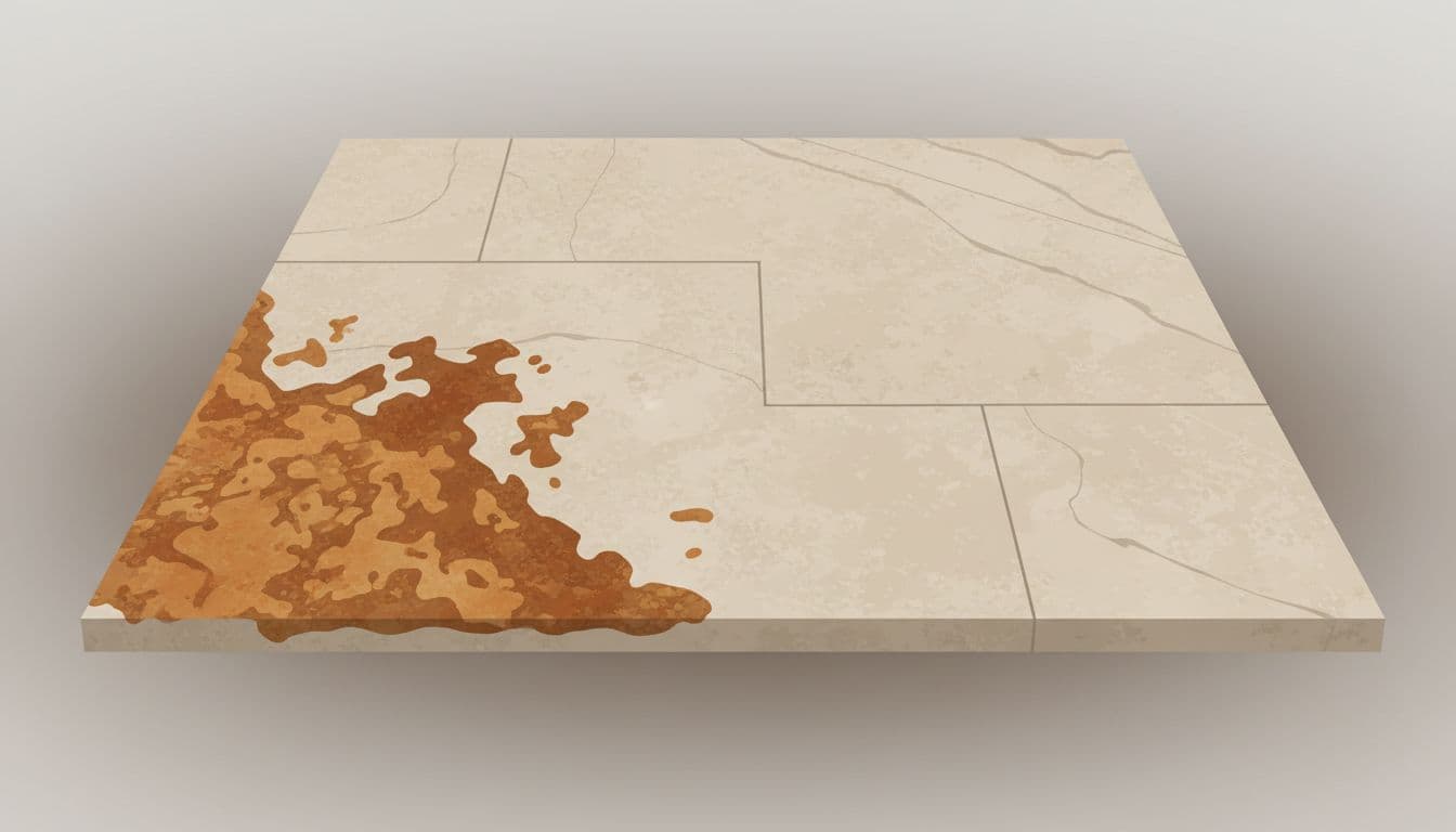 A close-up view of a beige stone paver featuring a distinct orange-brown rust stain.