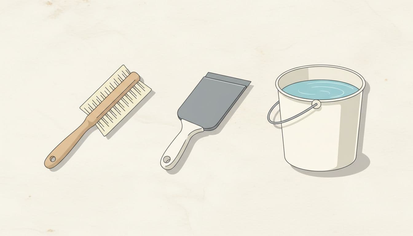 A set of stone cleaning supplies including a scrub brush, plastic scraper, and water bucket.