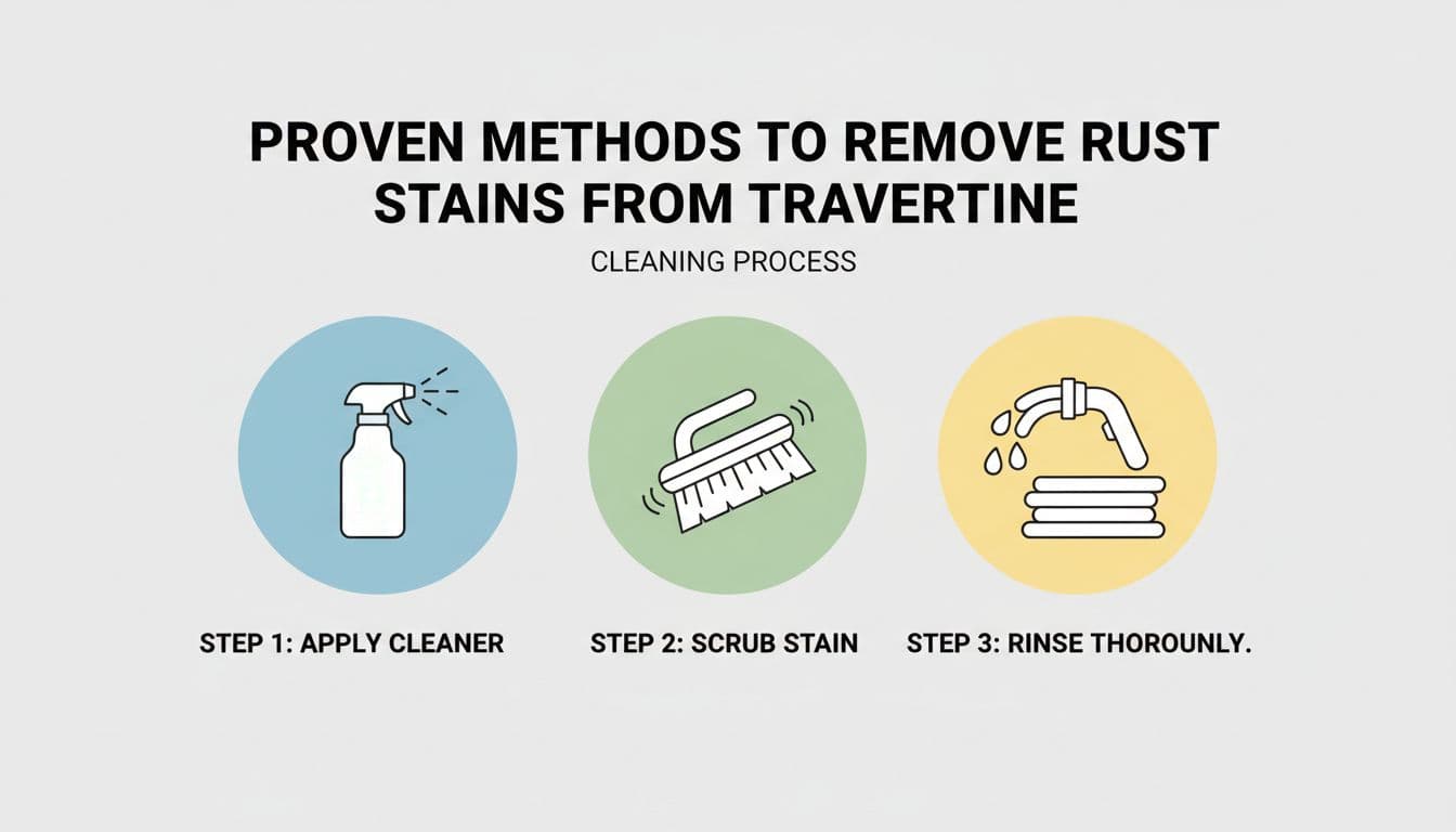 Three modern icons depict a spray bottle, cleaning brush, and rinsing hose for stone maintenance.