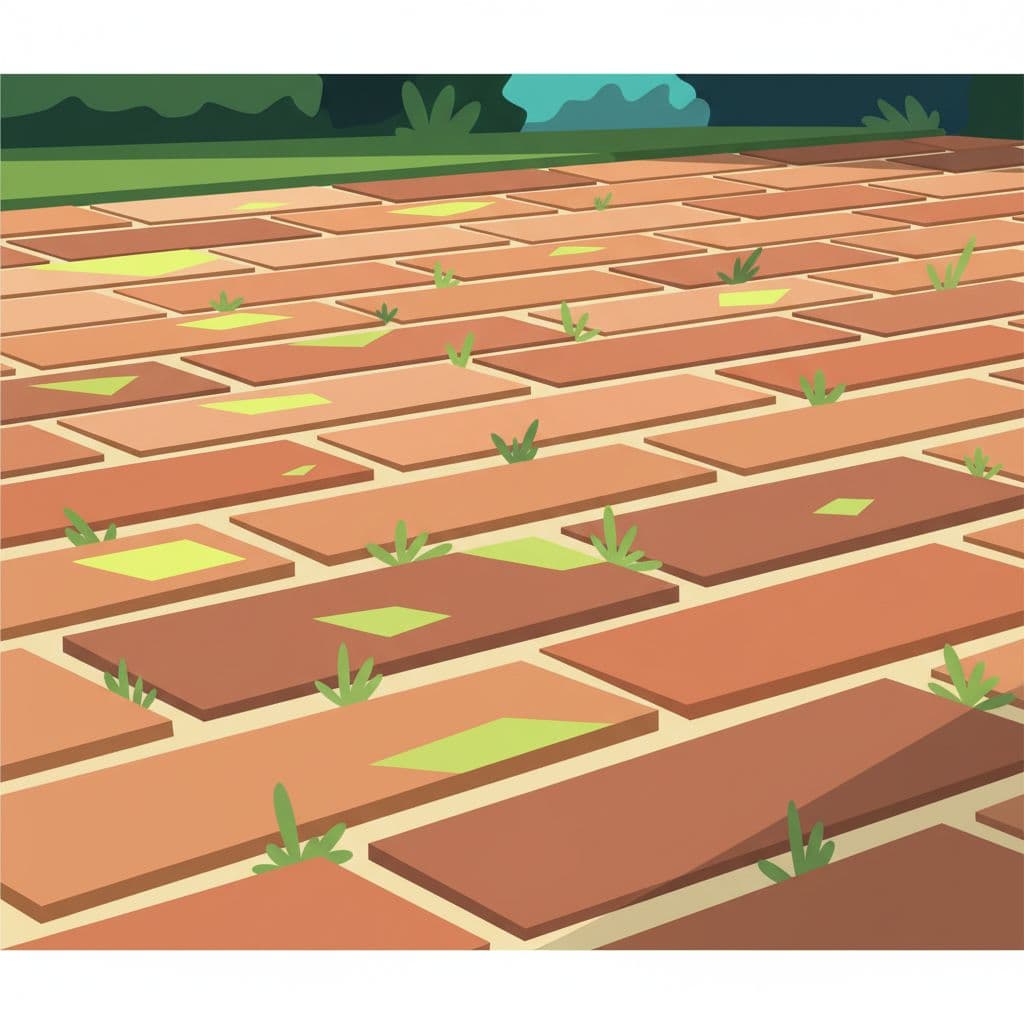 Small green weeds sprout between rectangular brick pavers on a sunny outdoor patio. The close-up view emphasizes the narrow joints where invasive plants break through the structured stone surface and pattern.