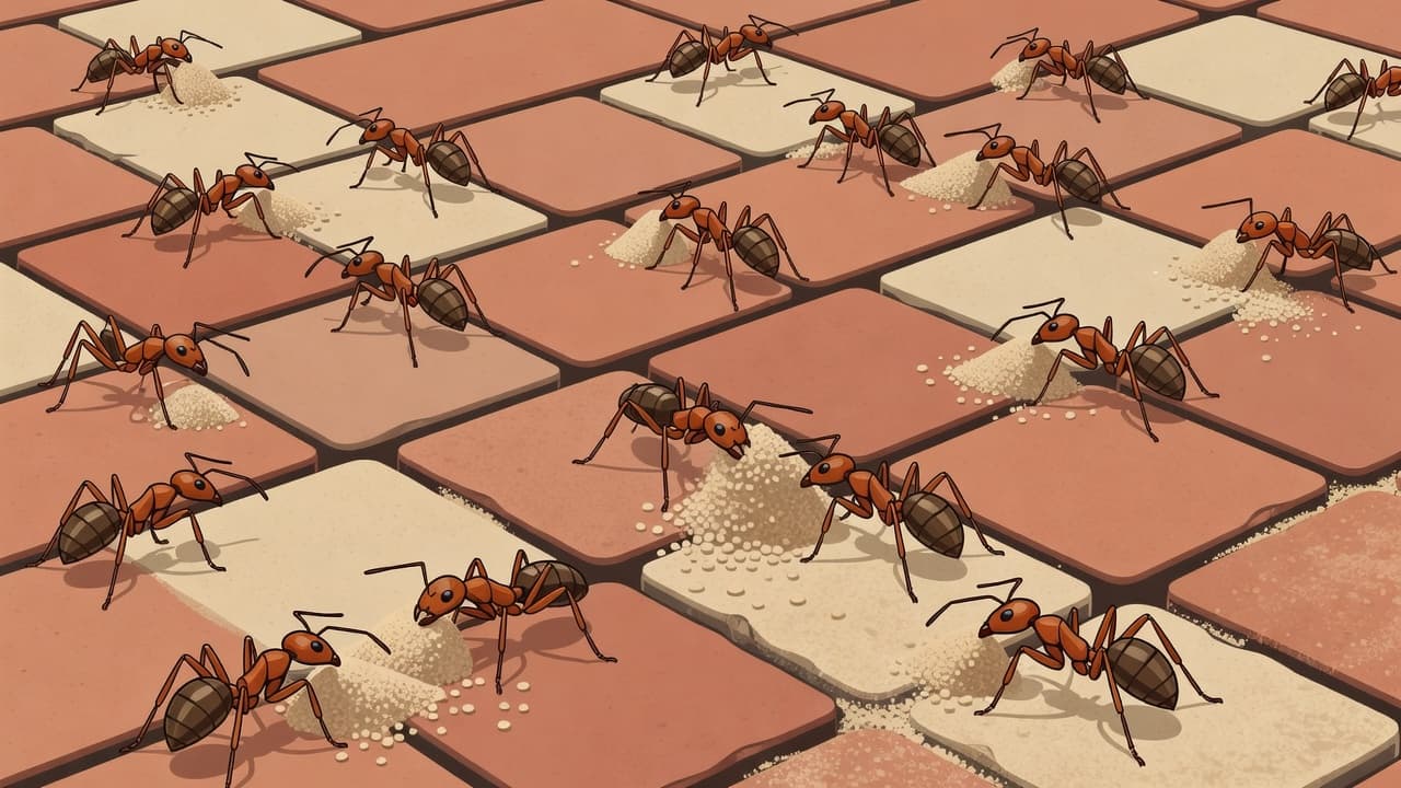 Small ants navigate a narrow gap between weathered stone bricks, carrying tiny grains of excavated sand. The minimalist illustration uses soft earth tones to highlight the insects working within the crevice.