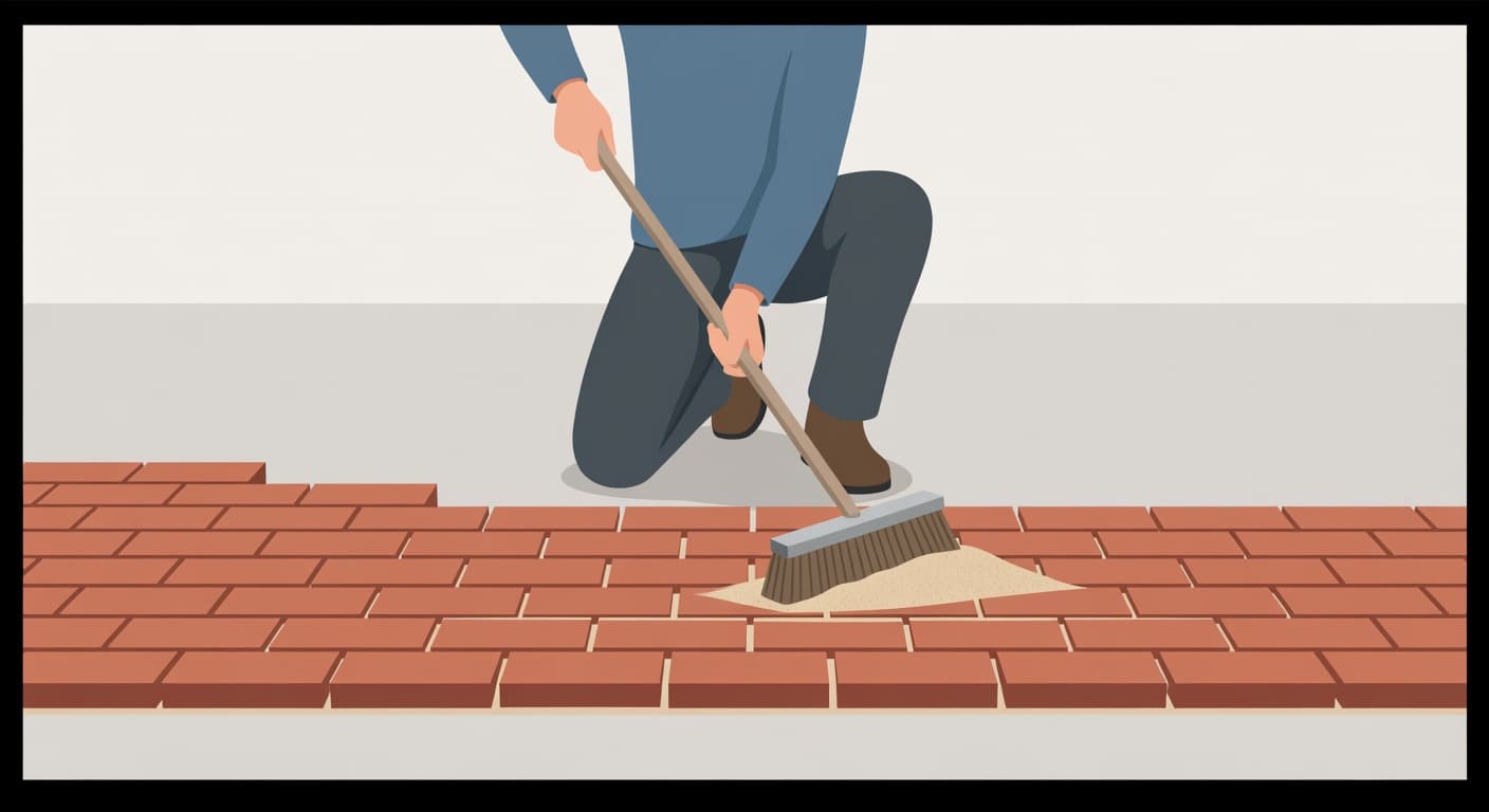 Repairing joint sand washout by sweeping polymeric sand into brick paver joints.