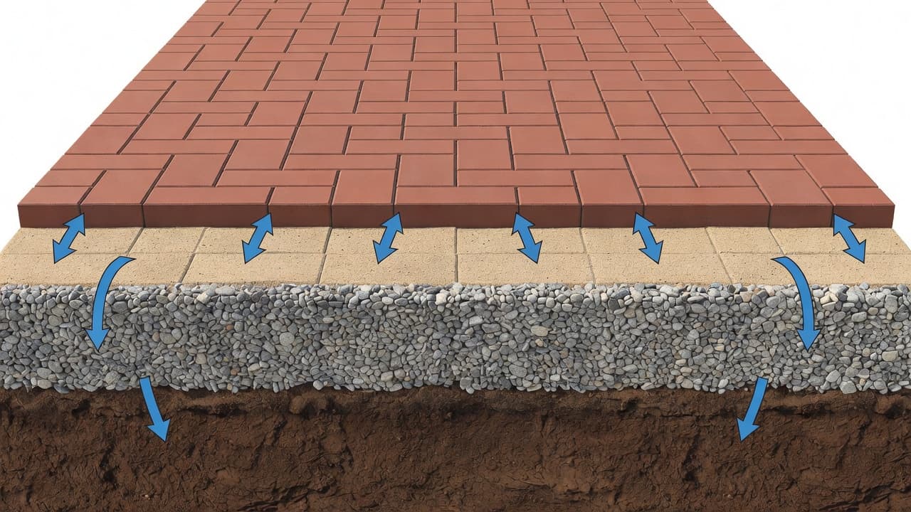 Paver driveway drainage cross-section showing pavers, sand, compacted base, and soil below.