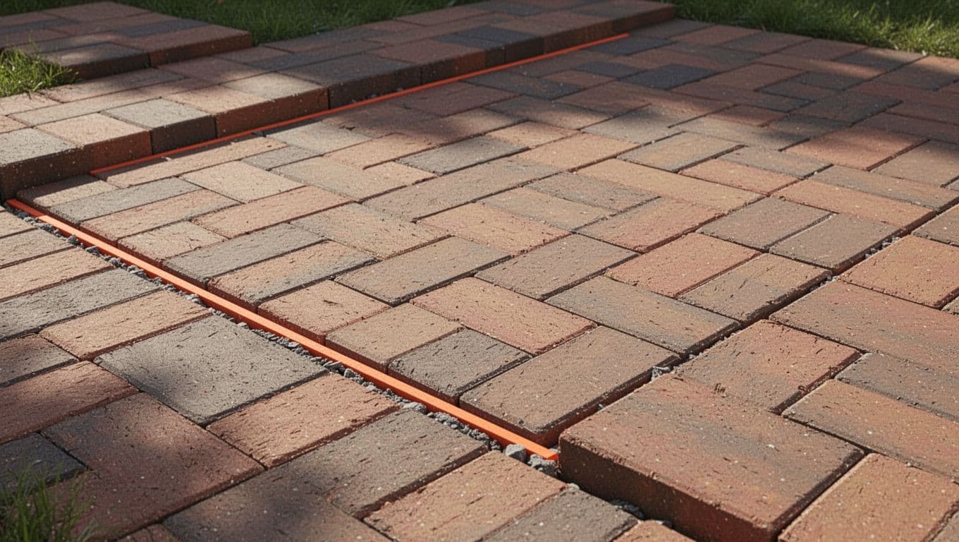 A top-down view shows gray rectangular pavers forming a walkway with a distinct gap separating the edge border from the main field. Bold orange accents highlight the clean, linear separation line.