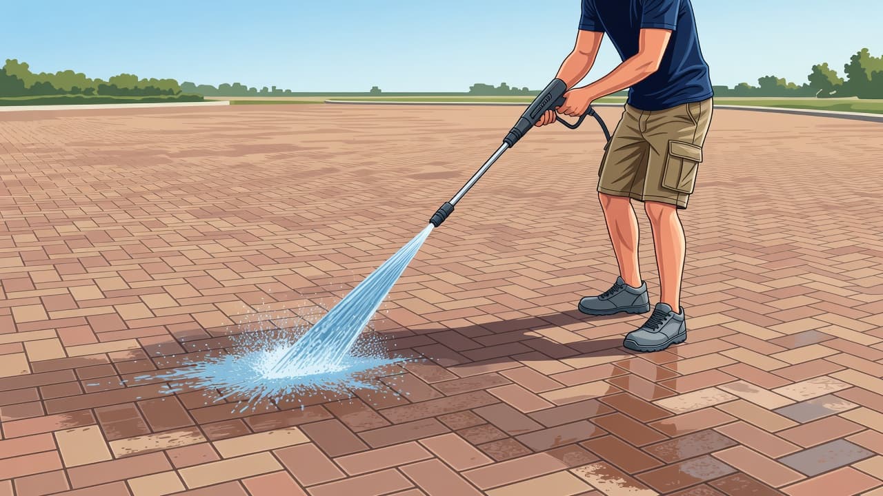 A person grips a high-pressure water wand, directing a steady stream over weathered brick pavers. Clean lines and vibrant colors highlight the dramatic difference between the dirty surface and scrubbed stone.
