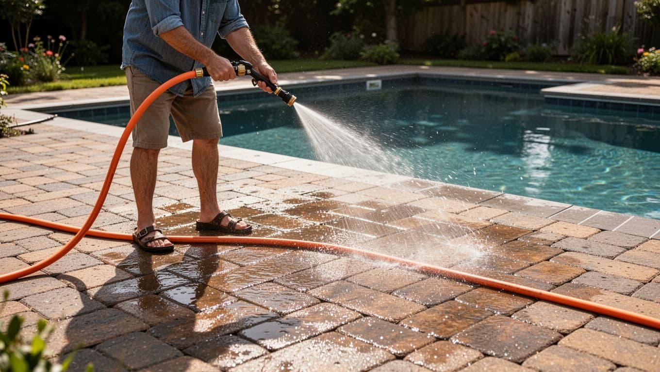 An individual uses a garden hose to rinse a red brick paver pool deck, removing debris and preparing the surface. A vibrant orange cushion sits on a lounge chair nearby.