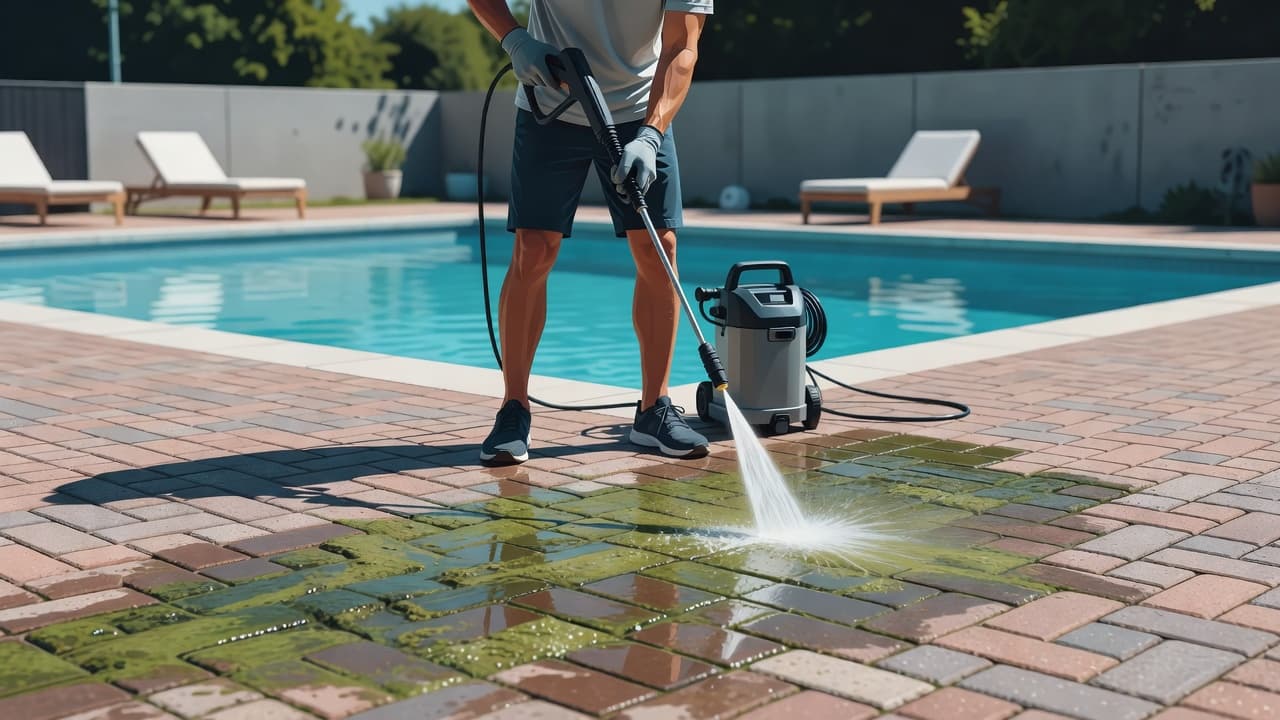 A person grips a professional pressure washer while spraying water onto dirty brick pavers near a pool. The low-angle view emphasizes the removal of algae from the textured stone surfaces.