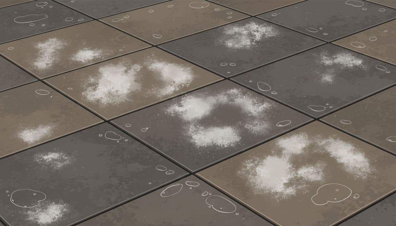 Dark grey residential paving stones display distinct white mineral deposits after a recent rain. The contrast between wet, dark edges and the hazy, chalky centers illustrates common surface staining patterns.