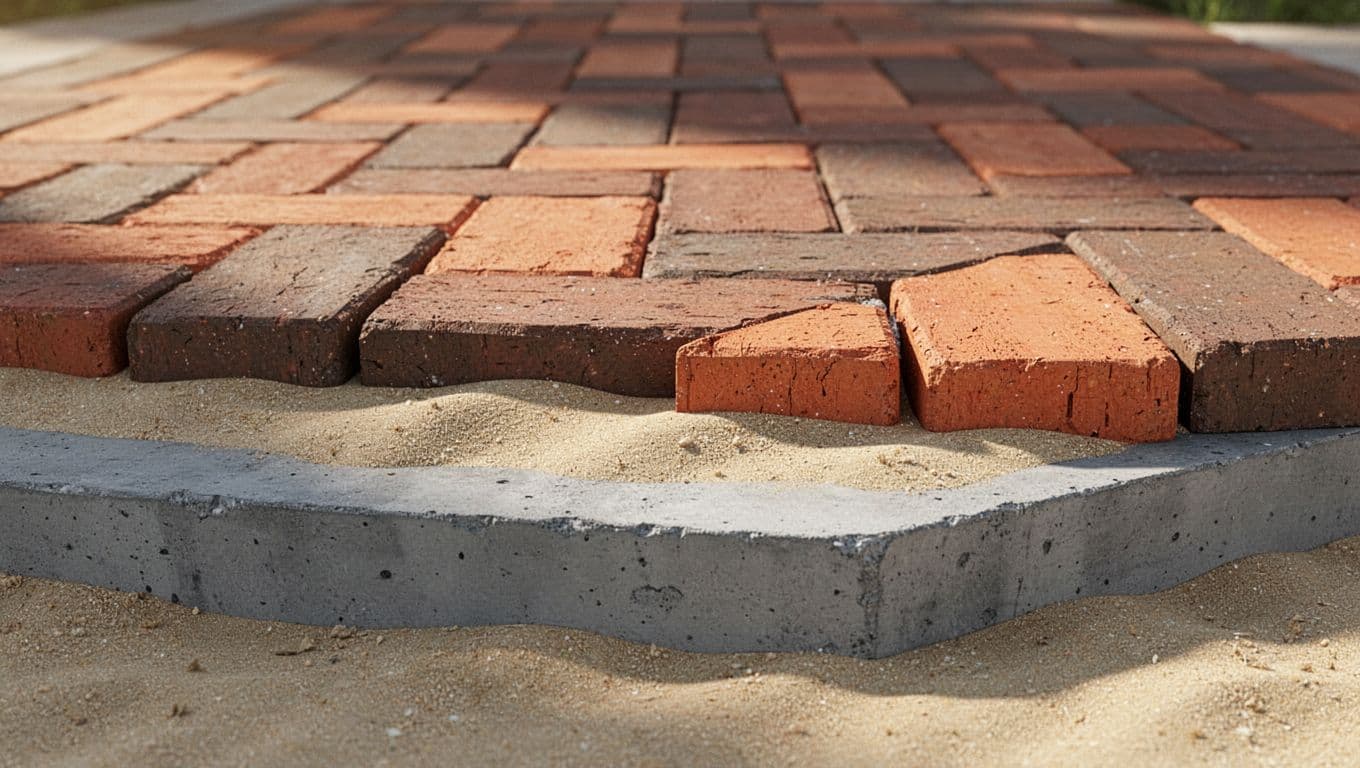 A vertical cutaway view displays a bottom grey concrete foundation, a narrow intermediate layer of loose sand bedding, and a top surface composed of vibrant, bright orange decorative brick pavers.