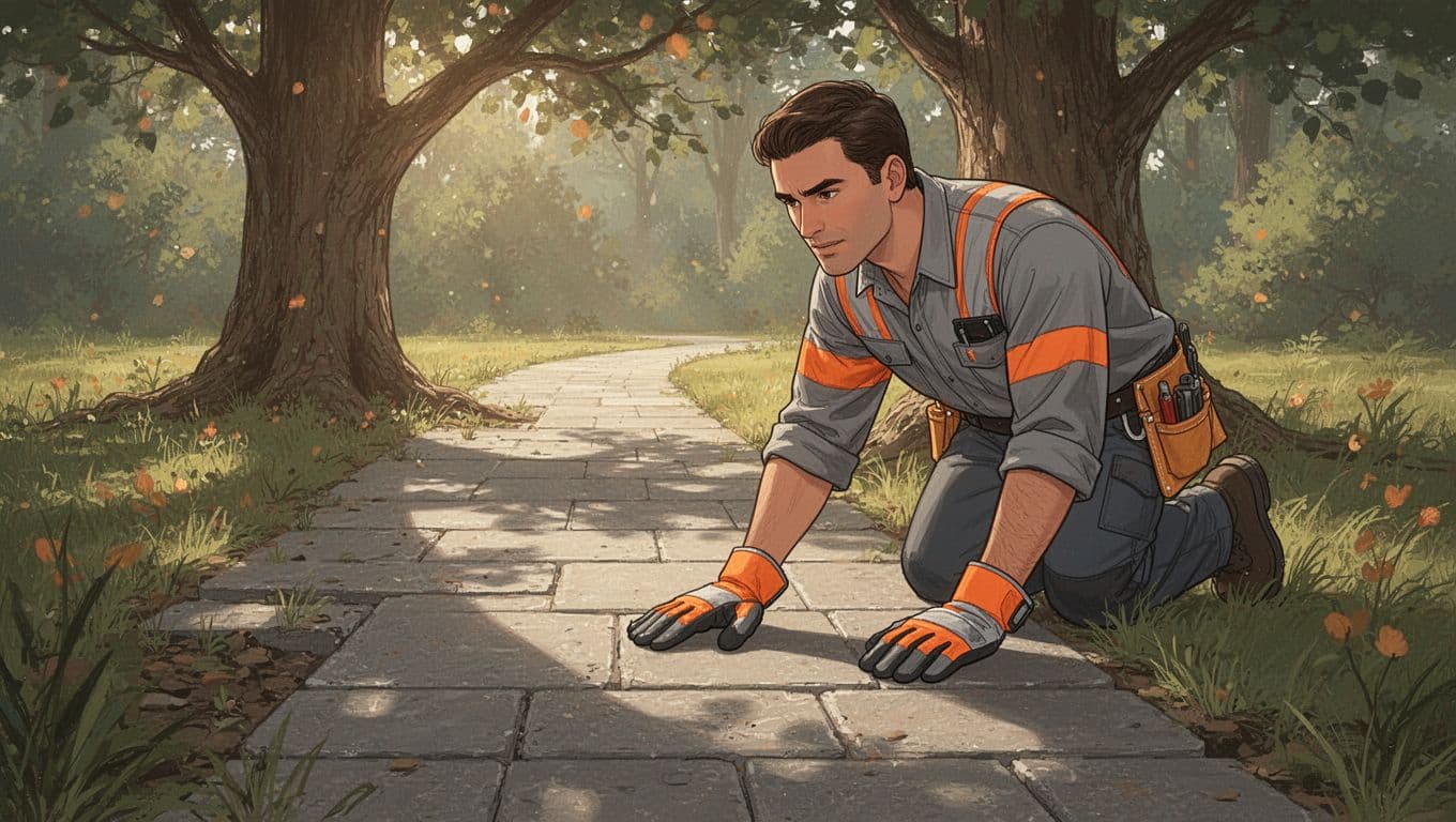 A contractor in work gear examines gray stone pavers along a garden path near a tree. The scene features clean geometric shapes and vibrant orange accents against the natural landscape scenery.