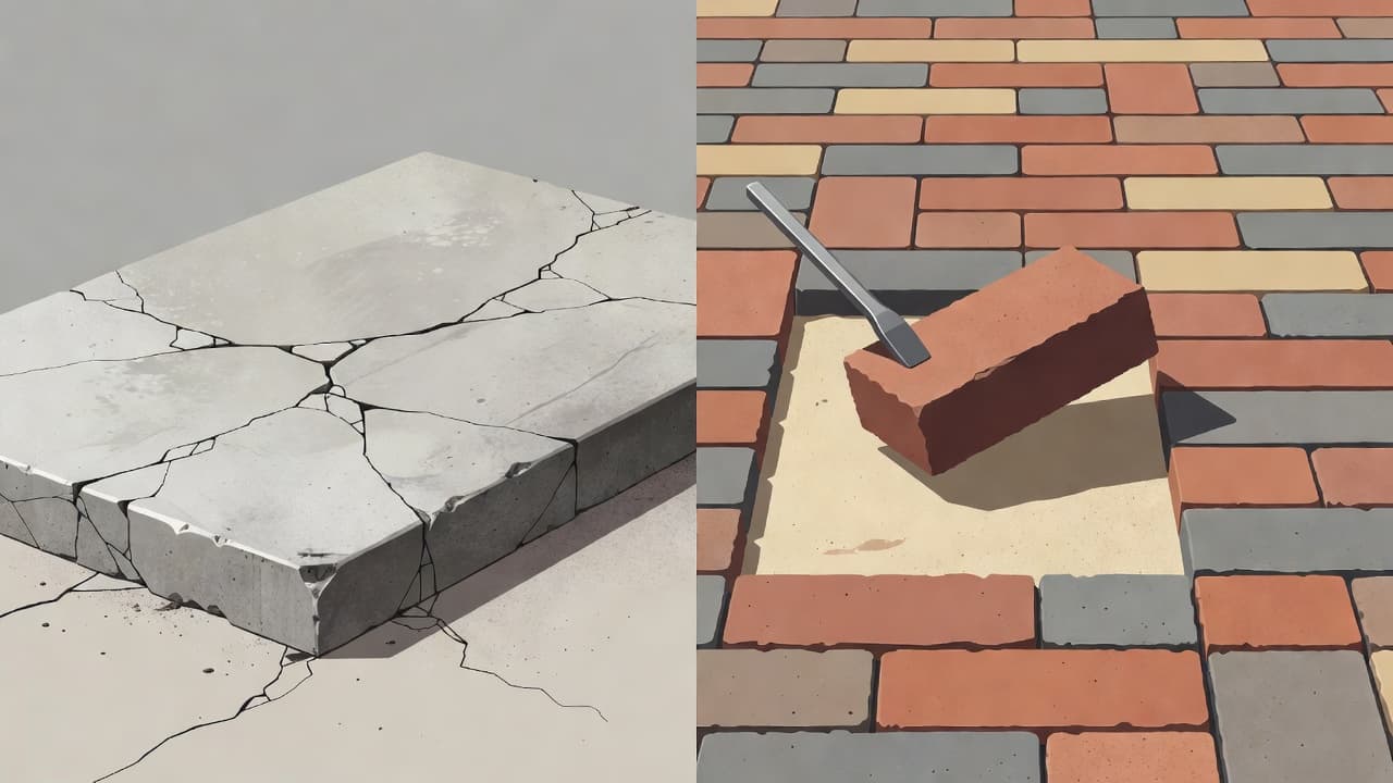 A clean illustration features a hand lifting one individual brick paver from a walkway. The surrounding stones remain perfectly level and intact, highlighting a modular design for simple exterior maintenance.