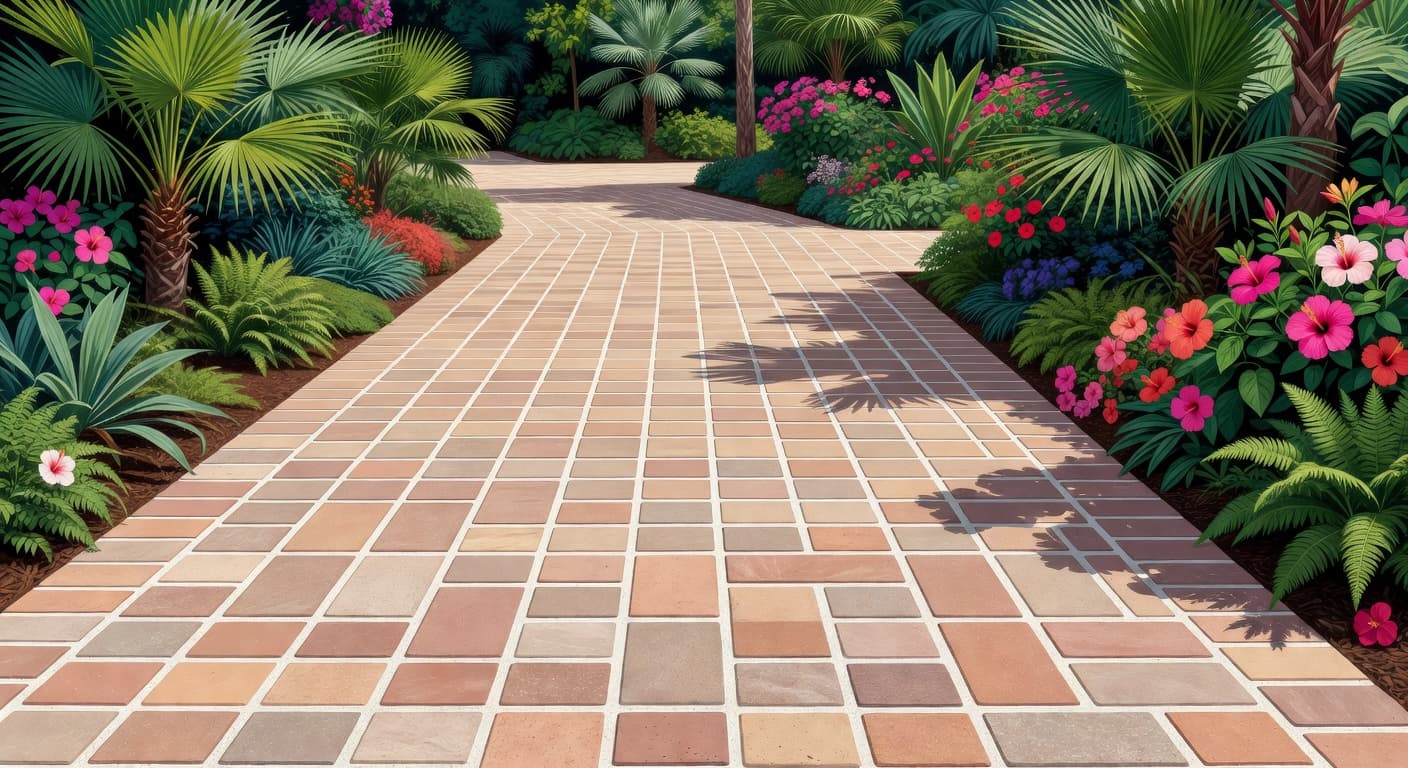 Finished polymeric sand pavers walkway with clean joints in a Florida garden