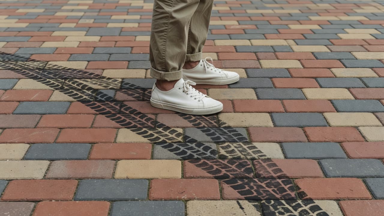 A person wearing casual shoes stands on a red brick paver driveway looking down at prominent dark rubber tire scuffs. The scene uses earthy tones and stylized, clean geometric shapes.