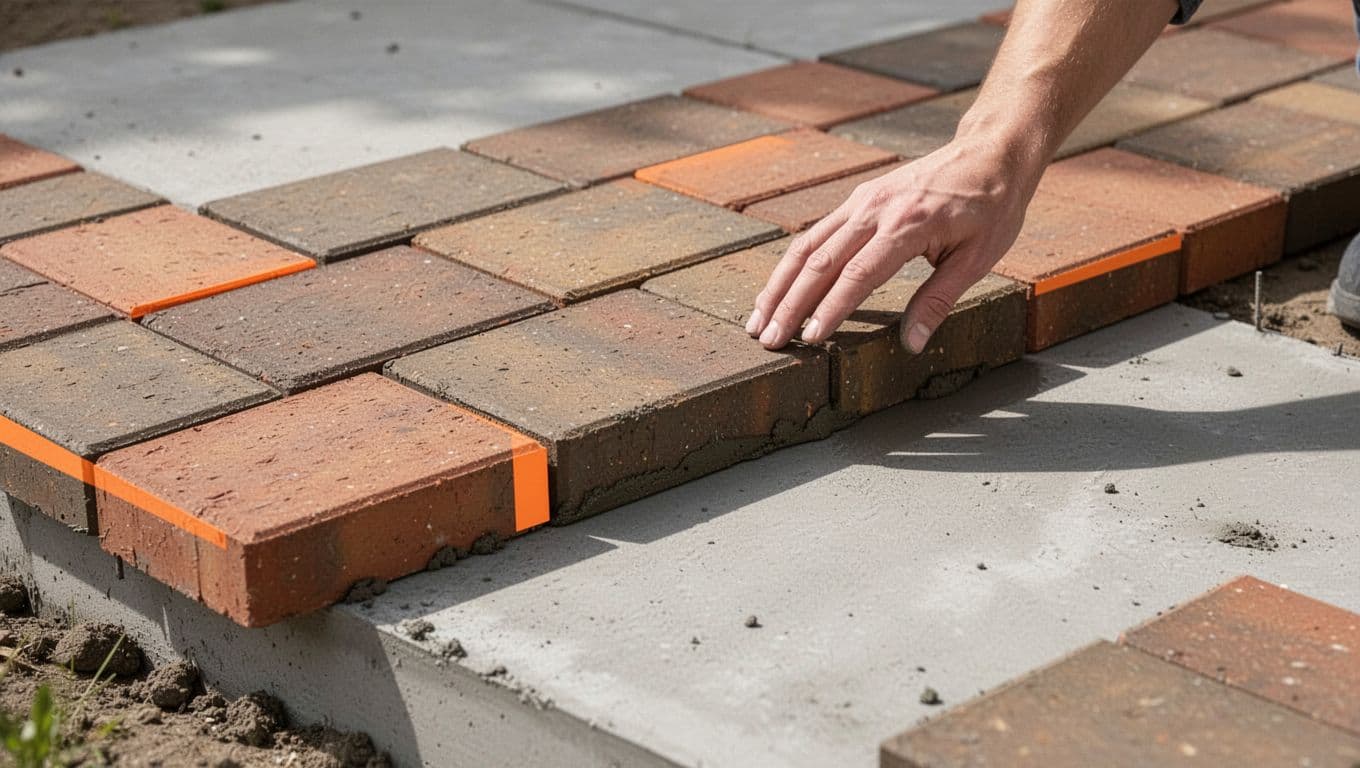 A modern graphic depicts red brick pavers being laid onto a smooth, grey concrete foundation. Each paver features distinct orange accents along the edges to demonstrate precise placement and structural alignment.