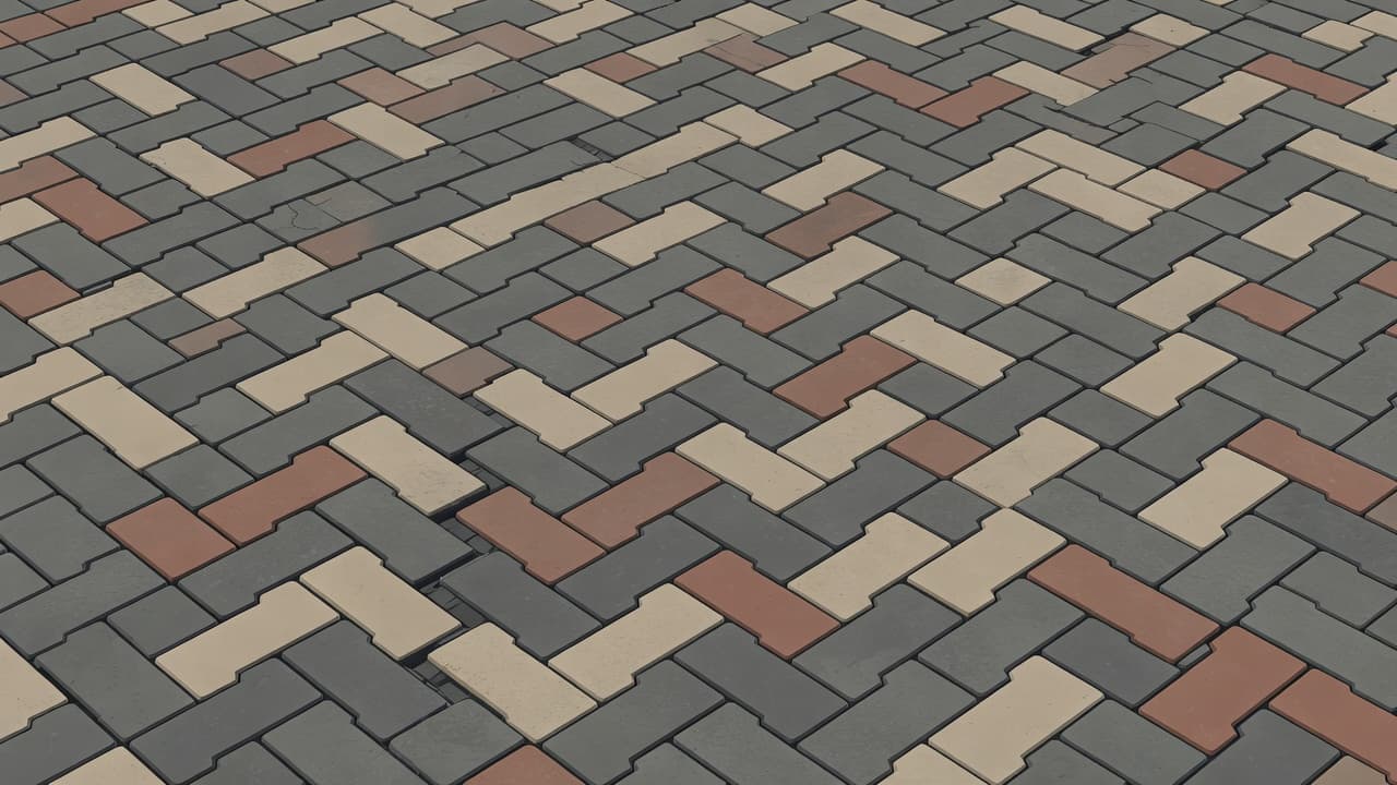 A close overhead view displays gray rectangular concrete blocks fitted tightly together in a repeating grid. The precise alignment highlights the durable structural design and clean industrial aesthetic of the walkway.