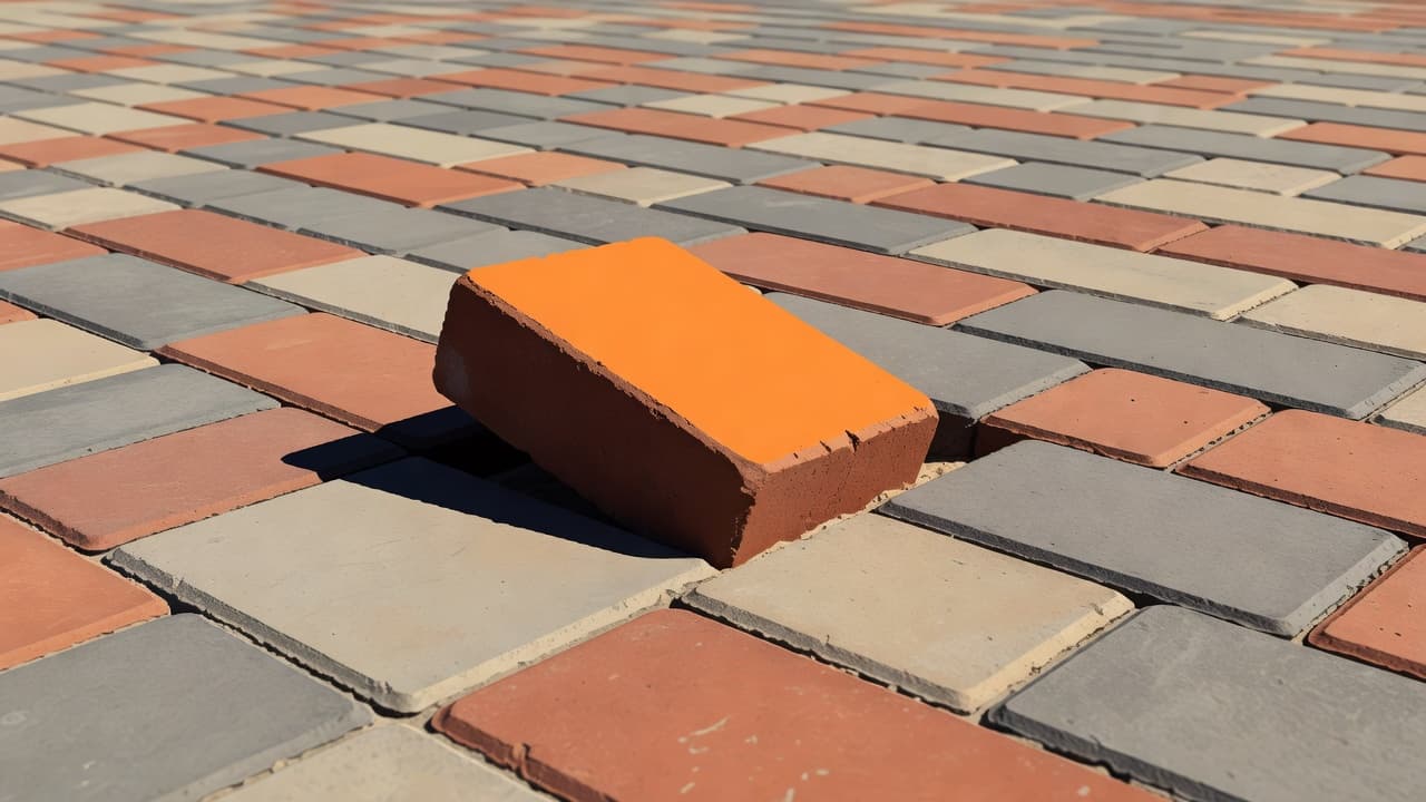 A single rectangular brick paver rests askew on a sunlit patio surface, exposing a dark gap beside it. The vibrant orange stone stands out against the surrounding neutral-toned paving stones.