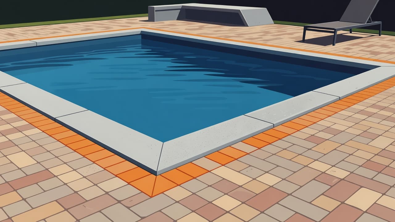 A sleek swimming pool features clean concrete coping borders set against a vibrant brick patio. Bright orange accents highlight the seating area, emphasizing the geometric lines of the modern outdoor space.