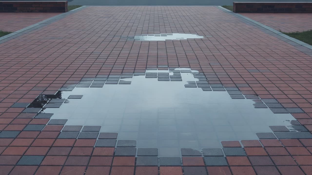 Paver driveway drainage issue with standing rainwater pooling across a brick surface after a storm.