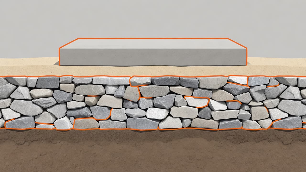 This diagram displays four stacked layers including concrete pavers, bedding sand, compacted crushed stone, and the native soil base. The composition uses flat orange accents to emphasize structural integrity throughout.