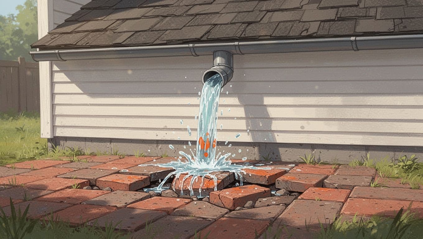A modern illustration displays a orange downspout dripping water onto a patio. The stone pavers directly underneath are uneven and displaced, highlighting how moisture creates structural issues within the landscape design.