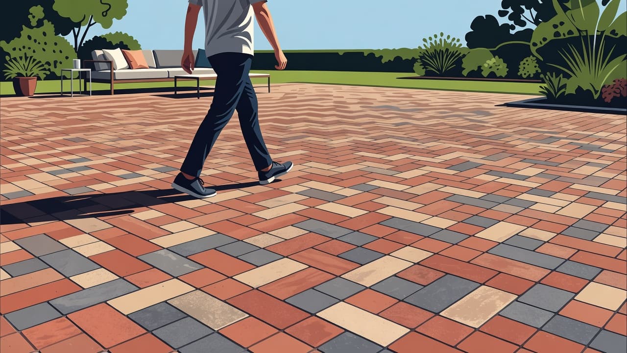 A person in casual attire strolls across a meticulously laid red brick paver patio in a sunlit backyard. The scene features clean architectural lines, warm earth tones, and a manicured landscape design.