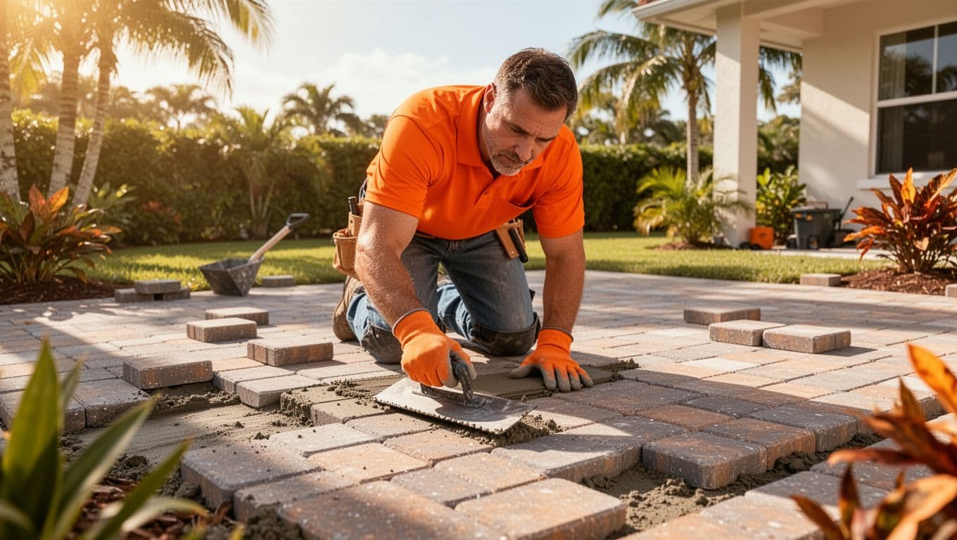 A skilled worker wearing a bright orange safety shirt operates handheld tools on a sunlit stone patio. Neat rectangular pavers cover the ground, surrounded by lush Florida landscaping under warm light.
