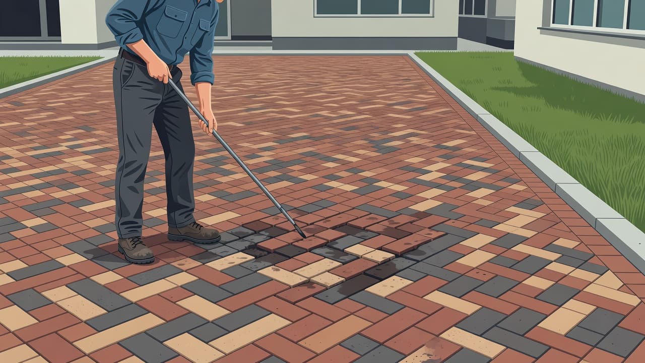 Paver driveway drainage inspection on a brick driveway by a contractor looking for low spots and settling.