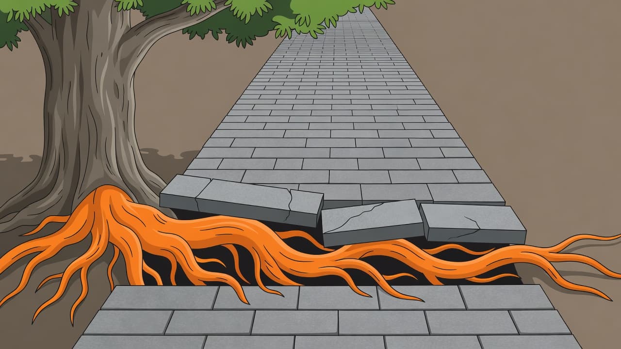 A large tree trunk stands beside a stone path where thick roots push upward, causing the gray concrete pavers to shift and crack. Vibrant orange highlights accent the scene's composition.