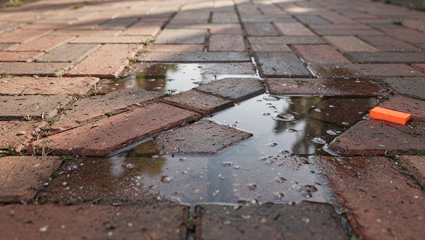 A close-up view of textured brick pavers features a stark contrast between dry surfaces and shimmering puddles. A small, vibrant orange accent tile breaks the pattern within the rain-slicked walkway area.