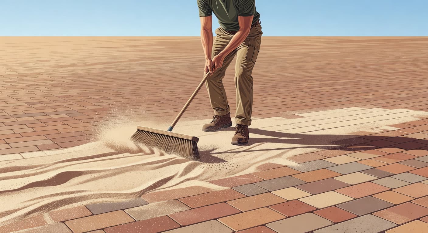 Worker sweeping sand into joints during polymeric sand pavers installation