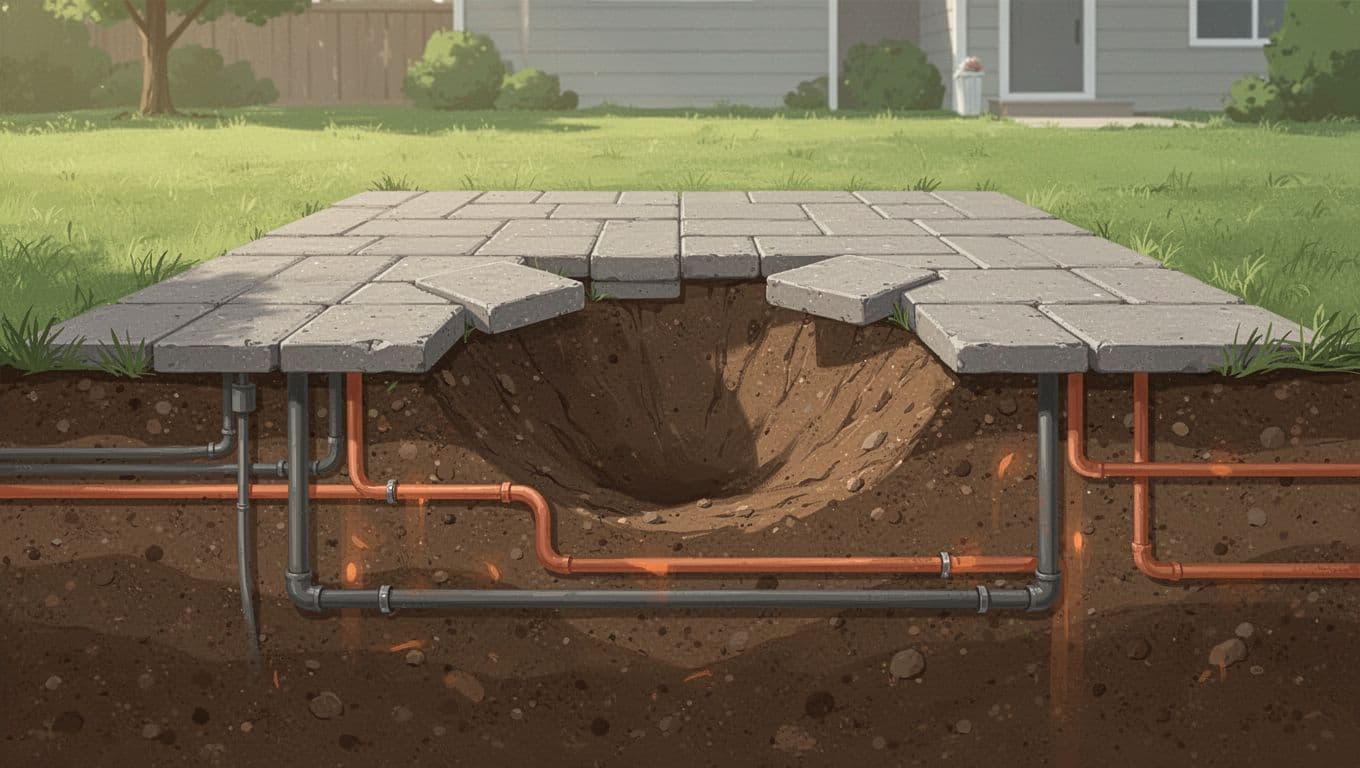 A cutaway diagram illustrates underground pipes beneath a backyard patio. A cluster of pavers has sunk into a hollow cavity directly above the highlighted orange utility line, showing surface subsidence.