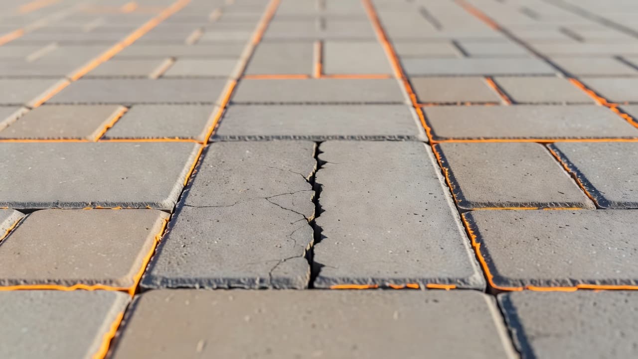 A close-up view of a grey concrete paver featuring a sharp, jagged crack across its center. The edges of the stone are highlighted with vibrant orange accents against a blurred background.