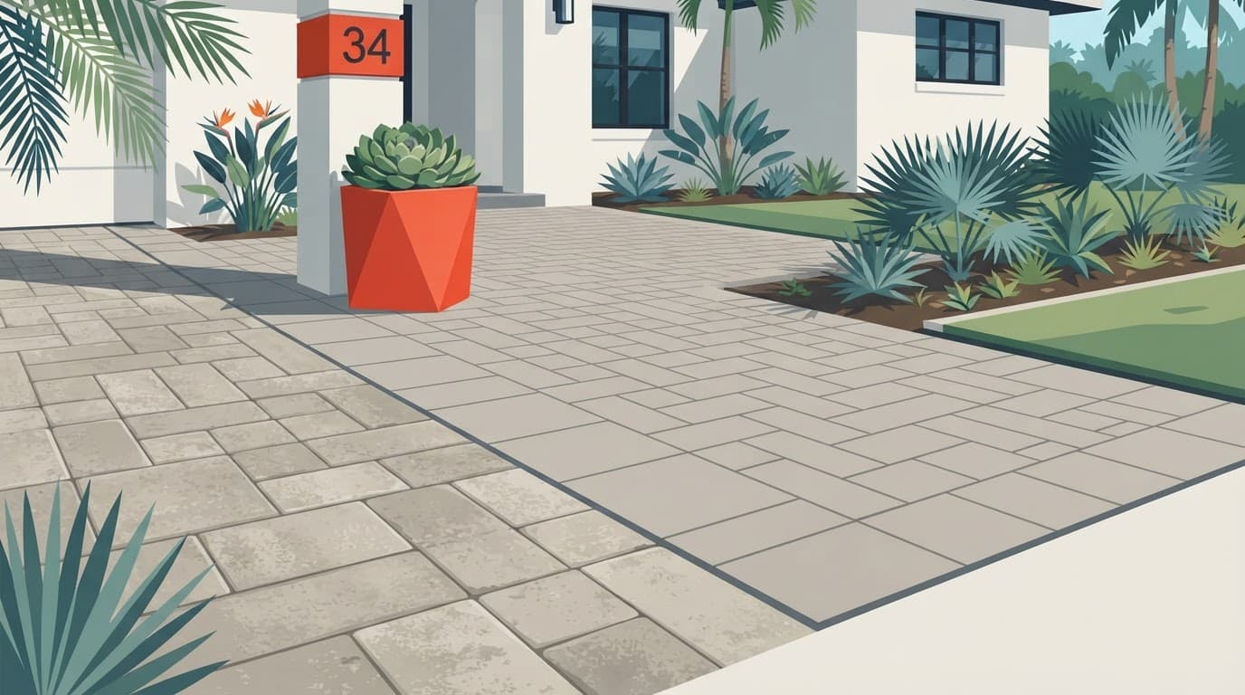 An illustrated Florida driveway featuring neatly aligned matching replacement pavers in modern style.