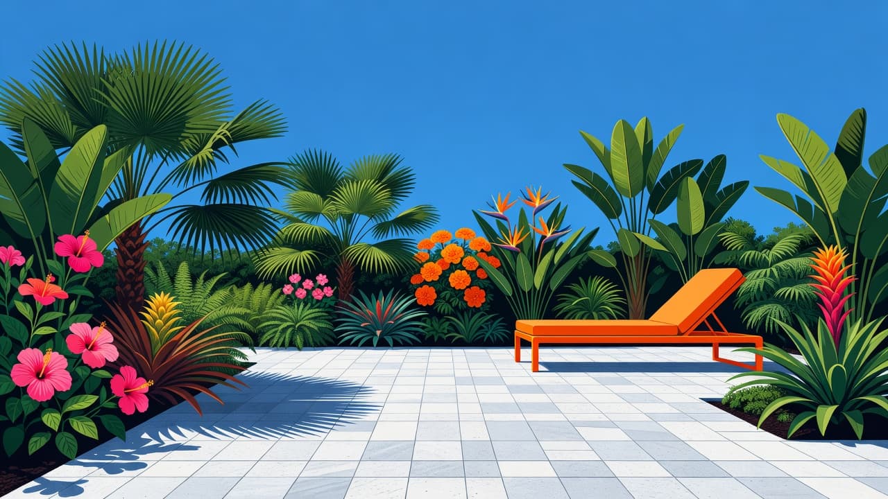 Paver colors Southwest Florida homes: light-colored stone pavers form a clean patio floor surrounded by lush tropical foliage, with an orange chair under bright Florida sunshine.