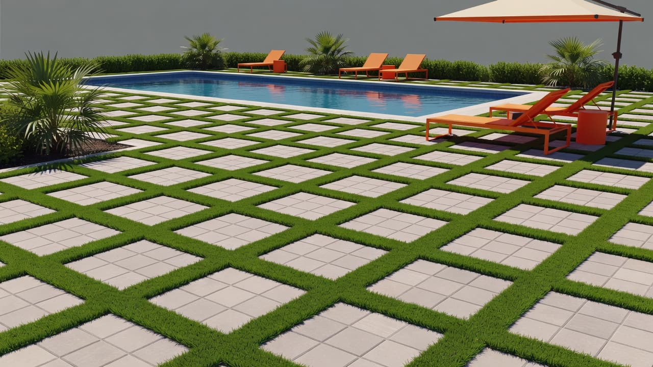 Artificial grass between pavers around a Florida pool deck