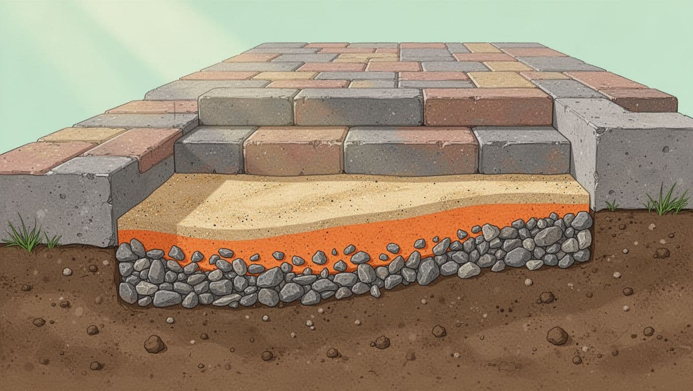 A technical diagram displays a paver step cross-section with gray stone blocks resting on a sand bed. A vibrant orange gravel base layer sits below, supported by dense, compacted dark subsoil.