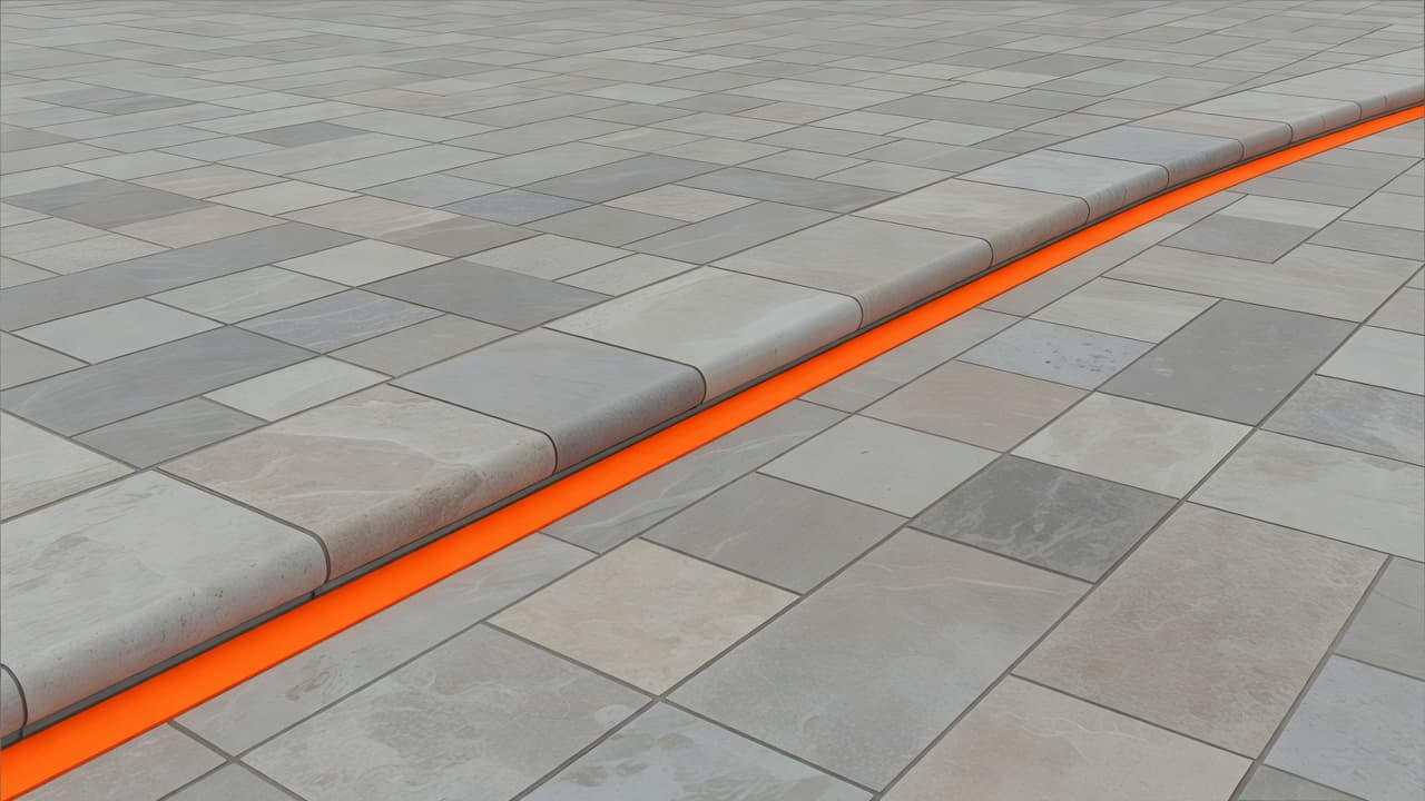 A close-up view displays textured stone pavers separated by a clean, vibrant orange expansion joint. Sharp, geometric lines highlight the modern design and precise construction of the residential swimming pool area.