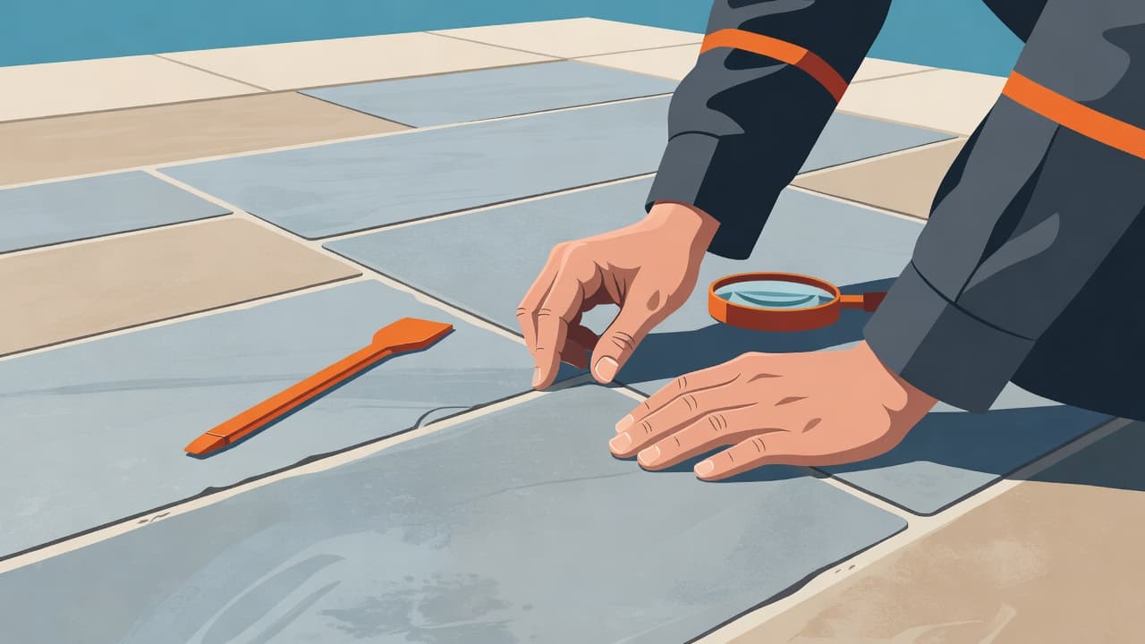 A contractor uses precision tools to examine the stone joints on a patio surrounding a pool. Bright orange accent gear sits on the textured surface beside his focused, busy hands.