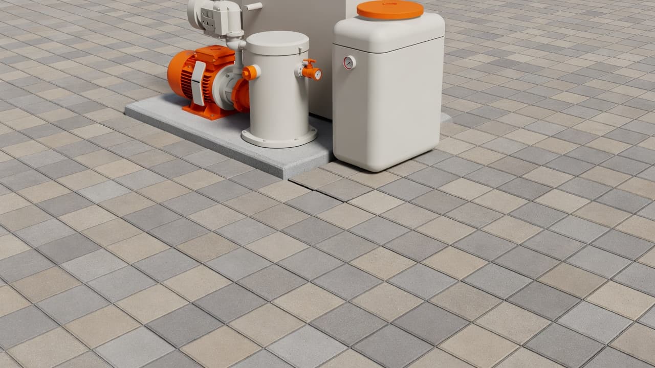 Pool paver shifting around pool equipment, showing a slight gap near the pump and filter area.