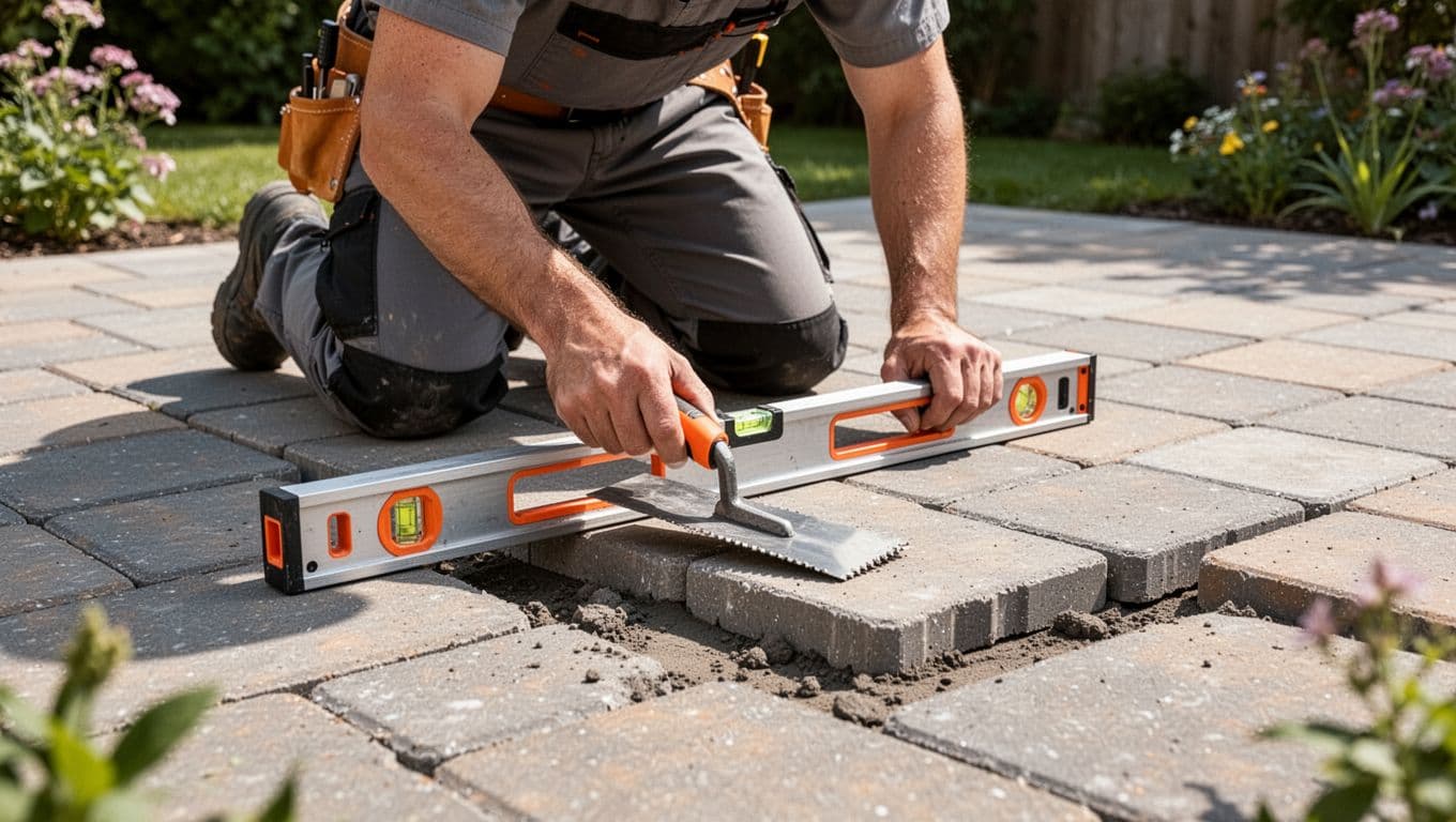 A contractor wearing safety gear uses a leveling tool to adjust uneven stone pavers on a pathway. Bold orange accents highlight the tools against the textured gray stone surface.