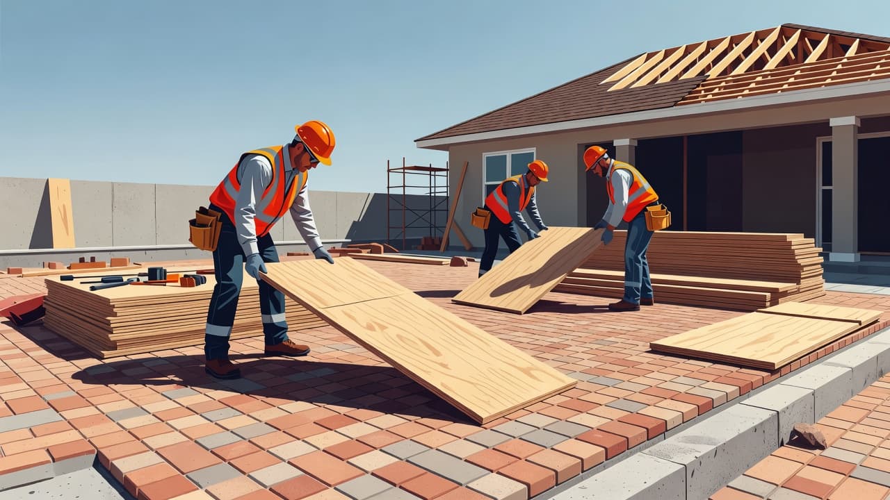 Protect pavers roof replacement work in Florida with protective boards on a paver patio.