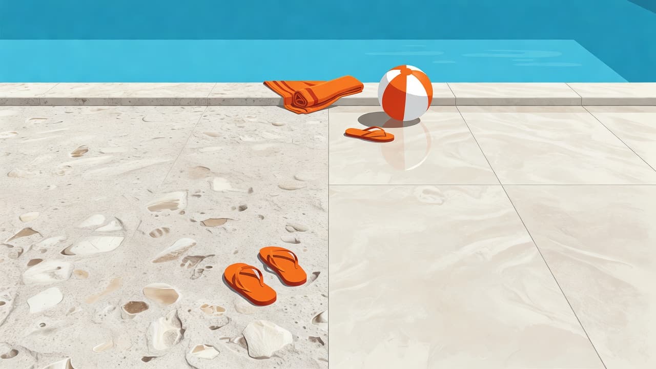 Shellstone vs travertine: a side-by-side comparison of textured shellstone and smooth travertine pool deck tiles with an orange ball.