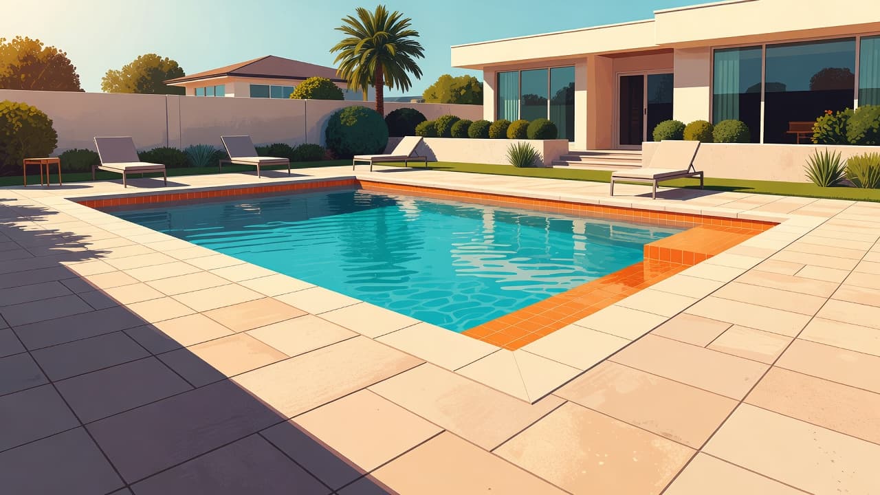 A vibrant backyard scene features a sparkling swimming pool bordered by sun-drenched concrete pavers. Bold orange-tiled accents line the water edge while crisp shadows stretch across the warm, paved deck area.