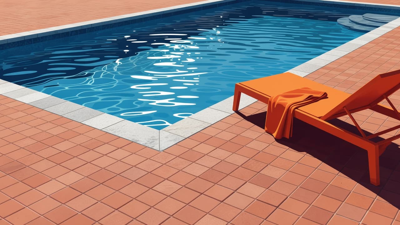 Pool resurfacing pavers and stone coping surrounding a bright blue swimming pool.
