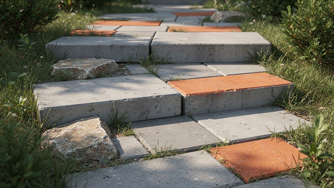 Close-up view of weathered concrete garden steps featuring shifted and tilted pavers with visible gaps. A striking saturated orange tone highlights the surface texture against the surrounding green landscape soil.