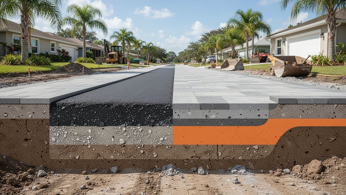 Compacted stone layers prepared beneath a residential driveway surface.