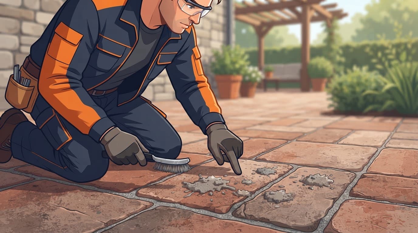 Contractor inspecting a paver surface before cement-residue cleaning.