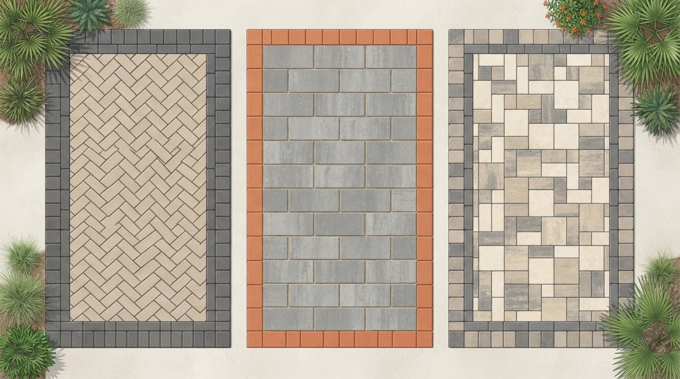 Overhead comparison of herringbone, running bond, and modular ashlar layouts.